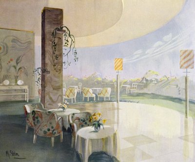 1930年代のインテリア。テラスカフェ（カラーリトグラフ 作： M. Stier