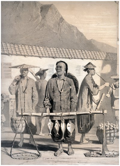 魚屋、ビクトリア通り、香港、中国、c1860。 作： M and N Hanhart