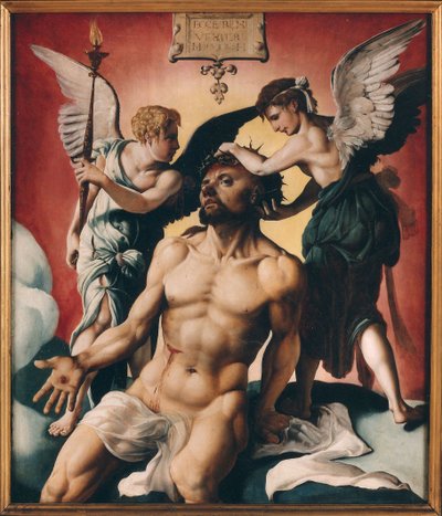 2 人の天使の間でトゲの冠をかぶったキリスト、1532 年。 作： Maarten Jacobsz Heemskerck van