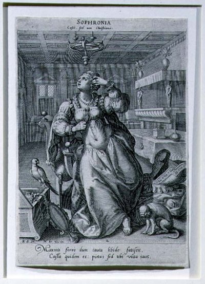 ラファエル・サドラー1世（1561-1632）による「貞節の象徴としての3人の女性」を描いたシリーズのソフロニア、1590年頃（エングレーヴィング 作： Maarten de (after) Vos