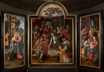 マギの礼拝」トリプティク、中央パネル、細部、木の上の絵画 作： Maarten de Vos