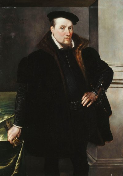 紳士の肖像画、4分の3の長さ、毛皮の裏地付きのブラックコート、1551年 作： Maarten de Vos