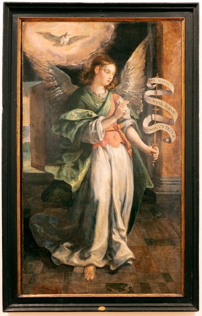 受胎告知の天使 (L’ange de l’annonciation) (木に油彩) 作： Maarten de Vos