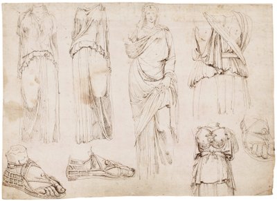 女性像とサンダル、1498～1574年頃（赤いチョーク、ペン、茶色のインク） 作： Maarten van Heemskerck (circle of)
