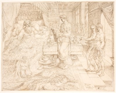 アハシュエロス、眠れなかった時、記録を調べながら 作： Maarten van Heemskerck