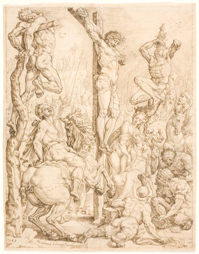 泥棒の間の十字架上のキリスト 作： Maarten van Heemskerck