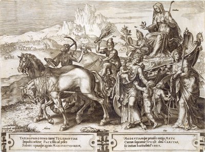 謙虚さ、「人間の事の多様性」、1564からのプレート7 作： Maarten van Heemskerck
