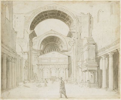 アルト・ザンクト・ペーター教会の身廊の内部の様子。新館が見える。 作： Maarten van Heemskerck