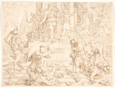 ヨシヤは、バアルのために作られたすべてのものを破壊し、祭司を殺すよう命じた 作： Maarten van Heemskerck