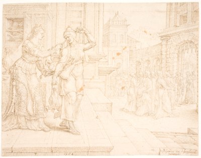 エネミーズ キャンプに行く準備をしているジュディス 作： Maarten van Heemskerck