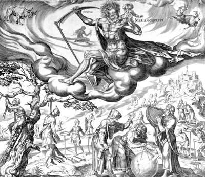 憂鬱、ハーマンヤンスミュラーによって彫刻された「4つの気質」シリーズから、1566 作： Maarten van Heemskerck