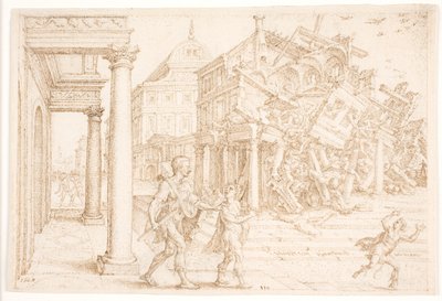サムソンはペリシテ人と一緒に家を破壊します 作： Maarten van Heemskerck