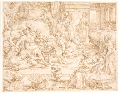 ファレズ・オグ・ジャラーを出産するタマル 作： Maarten van Heemskerck