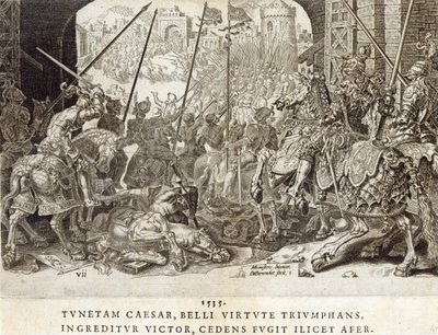 1535年のチュニスの征服、「チャールズ5世皇帝の軍事功績」のプレート7、Dirk Volkertsz Coornhert（1522-90）、1555（彫刻とエッチング）によって彫刻 作： Maarten van Heemskerck