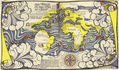 航海士ジョン・カボットとセバスチャン・カボットの時代の世界地図（カラーリトグラフ 作： MacDonald Gill