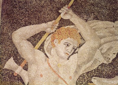 ヘレンの拉致の家モザイクからのハンターの詳細、スタッグハント 作： Macedonian School