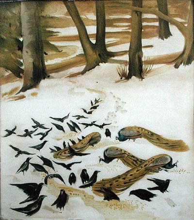 雪の中で餌を食べる鳥（水彩・紙） 作： Madeline Wyndham