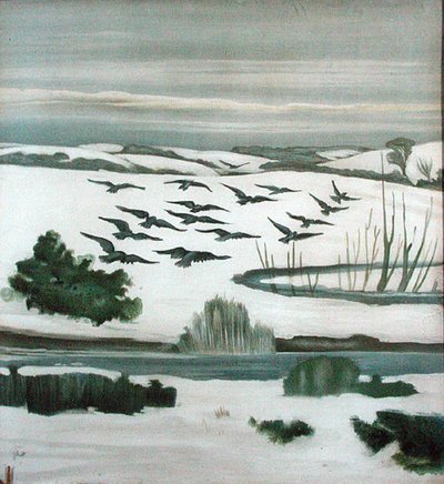 冬の景色の上を飛ぶにわとりたち 作： Madeline Wyndham