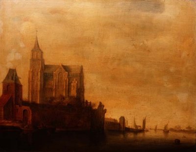 グルーテ・ケルクと主塔の眺め、エメリッヒと帆船のある川の風景 作： Maerten Fransz van der Hulst