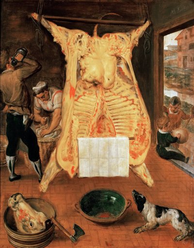 Le boeuf abattu - The Slaughtered Ox - Marten van Cleve (van Cleef), the Elder (1527-1581)の作品。木に油彩 作： Maerten van Cleve