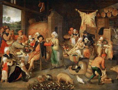 貴族の来訪者を迎えた農民の居間 - マルテン・ヴァン・クレーヴ長老（1527-1581）。木に油彩、1566年頃。寸法：123x144cm美術史博物館、ヴィエンヌ 作： Maerten van Cleve