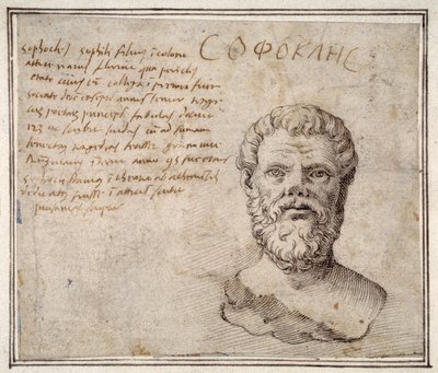 フルビオ・オルシーニの手によるアンティークのソフォクレスの胸像（注釈付き）（紙にペンとインク 作： Maerten van Heemskerck