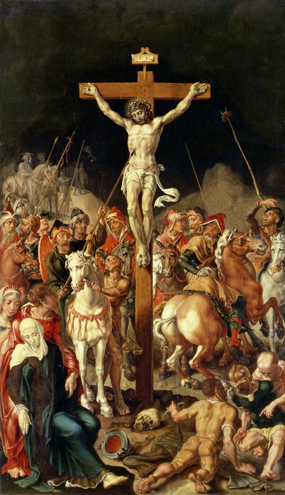 トリプティクの中央パネル、カルバリー（パネルから転送されたキャンバス上の油） 作： Maerten van Heemskerck