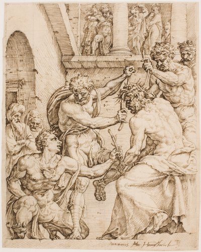 いばらで戴冠されるキリストc。 1548（ペン、茶色のインク、バフ紙に黒いチョーク） 作： Maerten van Heemskerck