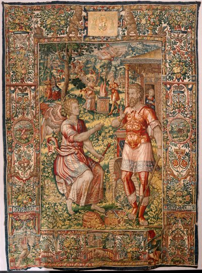 教区博物館 (Museo Diocesano)。 フランダースのタペストリー。 ブリュッセル。 フランソワ・ジュベルのアトリエ。 シリーズ ストーリー オブ ギデオン。 ギデオンと天使 (Gedeón y el angel)。 シルクとウール。 ビセンテ ロカ デ ラ セルナ司教の遺贈。 バロック。 1534-1571 年以来、大聖堂で 作： Maerten van Heemskerck