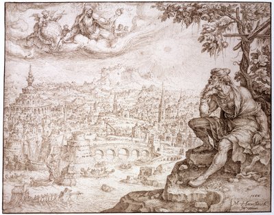ヨナ、ひょうたんの下に座って、1566年にニネベ市を熟考する（紙にスタイラスで切り込まれたペンと茶色のインク） 作： Maerten van Heemskerck