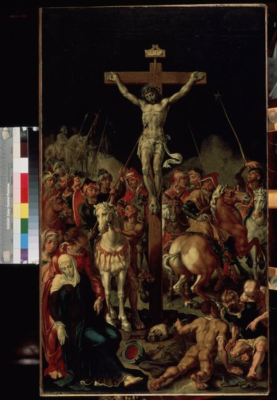 ""The Calvary"" (カルバリー) はりつけ。 十字架に「印里」の文字。 トリプティクの中央パネル。 Maarten van Heemskerck (Maerten Heemskerk van Veen) の絵画 (Marten, Martin) (1498-1574) 1545-1550 Dim. 100.7x58.3 cm エルミタージュ美術館、サン 作： Maerten van Heemskerck