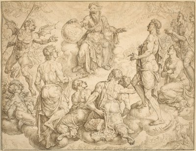 サタンはヨブからの保護を取り除くよう神に挑戦します 作： Maerten van Heemskerck