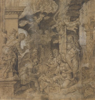 羊飼いたちの崇拝」、裏面：スケッチ、1532～37年頃。 作： Maerten van Heemskerck