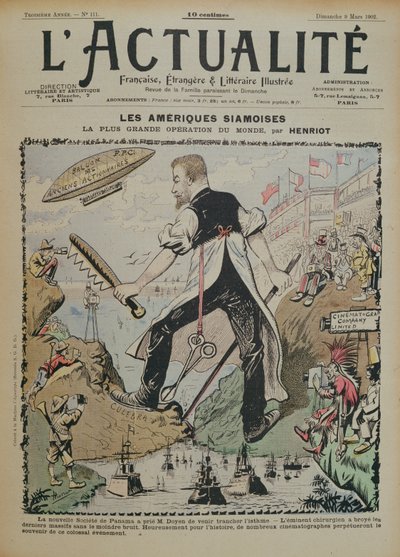 1902年3月9日、LActualite誌の表紙、パナマ運河の建設とその周辺のメディア報道に関する風刺漫画 作： Henri Maigrot