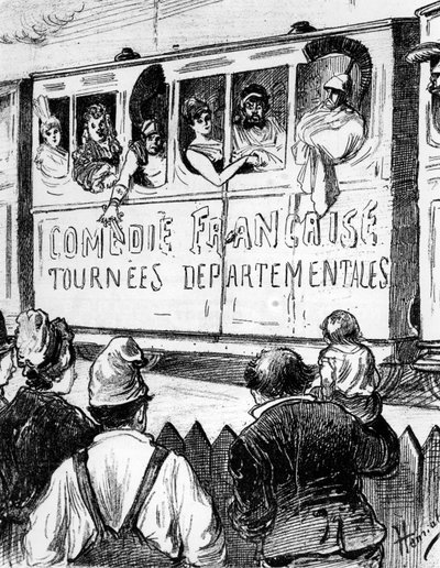 特別列車でフランスをツアー中のコメディフランセーズのキャストは、19世紀後半の劇場の様子を田舎の人々に垣間見せるのをやめます 作： Henri Maigrot