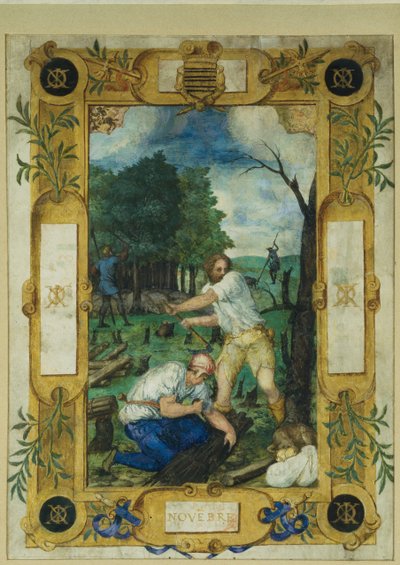 11月のカレンダーページ、時間の本からの伐採、c.1550-60 作： Maitre des Heures de Claude Gouffier