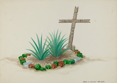 木製の十字架を持つ子供の墓 - ボトルの装飾, 1937年頃 作： Majel G. Claflin