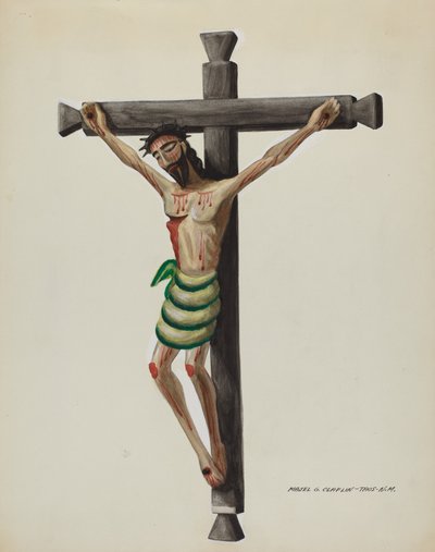 黒い木彫の十字架に彫られて描かれた「クリスト」、1937年頃。 作： Majel G. Claflin