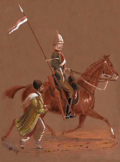 乗馬する第9ランサーズの兵士と、その横を走るアフガン兵 作： Major General R.G. Woodthorpe