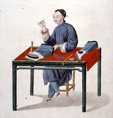 ストッキングを作る女性、「中国の衣装」より第3版、J.ダドリーの彫刻 作： Major George Henry Mason