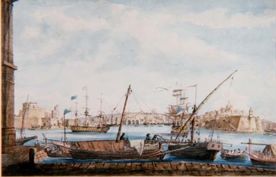 ヴァレッタ側からのガレーズ港の眺め、1800年頃（鉛筆と水彩画） 作： Major James of Tolcross Weir