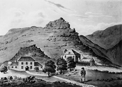 セントヘレナのナポレオンに1815年、1815年、12月10日から1816年まで宿泊施設を提供していたバルコム家の家「ブライアーズ」に面したナポレオン 作： Major Ludovick Stewart