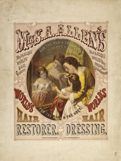 SAアレン夫人の世界の育毛剤、ヘアドレッシング、1865年（リトグラフ） 作： Major and Knapp Sarony