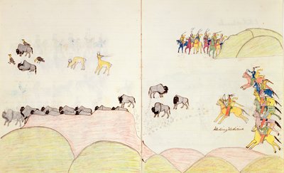 1877年フロリダ州セントオーガスティンフォートマリオンで作られたスケッチの本からのネイティブアメリカンのバッファローハント 作： Making Medicine