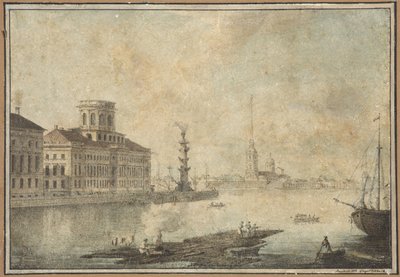 ネヴァ川と科学アカデミーの眺め - マクシム・ニキフォロヴィッチ・ヴォロビエフ（1787-1855）。ペン、筆、水彩、インク、紙 1820年代末～1830年代初頭サンクトペテルブルク国立歴史博物館 作： Maksim Nikiforovich Vorobiev
