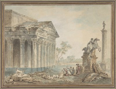 ローマのモニュメントとウォッシャーウーマンのある建築カプリッチョ、n.d. 作： Manner of Hubert Robert