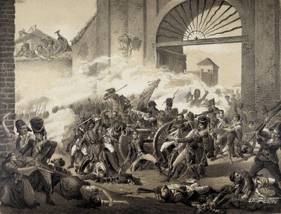 スペイン独立戦争（1808年）。5月2日、マドリードにて。モンテレオン公園を守るルイス・ダオイスの死。マヌエル・カステジャーノの絵画に基づくエングレーヴィング。リトグラフ。 作： Manuel (after) Castellano