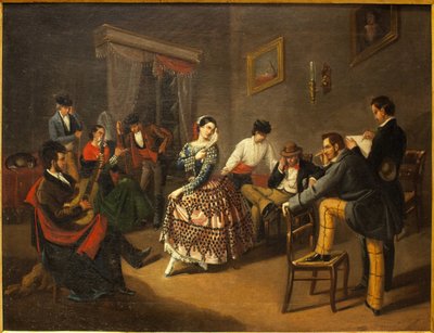 居間のダンサーマヌエル・カブラル・ベハラノ（1827-1891）の絵画、油彩・キャンバス 作： Manuel Cabral y Aguado Bejarano