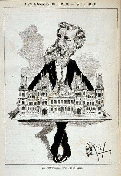 セーヌ川の県知事M.Poubelleがパリ市庁舎を台地の上に乗せている漫画（1887年8月13日の「La Caricature」にLuqueが描いたもの）。 作： Manuel Luque