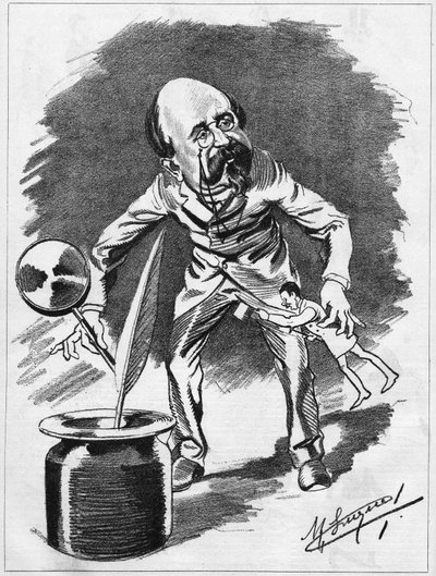 エドモンド・ゴンディネ（1828-1888）フランスの劇作家。漫画家マニュエル・ルケによる漫画。1886年の「漫画」で。 作： Manuel Luque